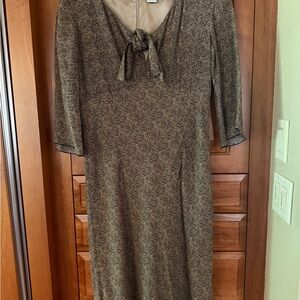 Isabella Bird Anthropologie Golden Tan/Navy  Shear Lined Midi Dress. Size 10